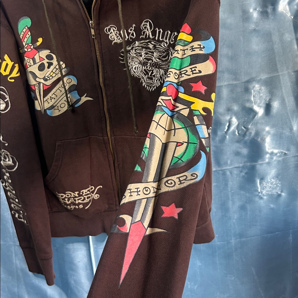 Ed Hardy Mens Rust Love Kills Slowly Brown Full Zip Hoodie Jacket - Picture 5 of 6